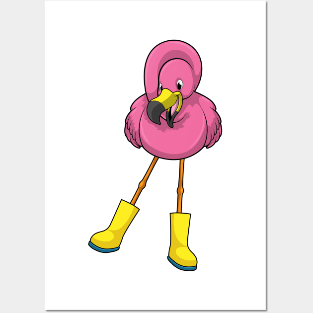 Flamingo at Raining with Rubber boots Wall Art by Markus Schnabel